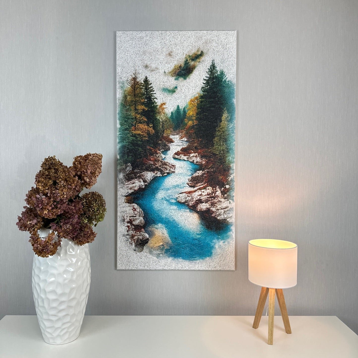 Front view of the Autumn River Acoustic Wood Wool Panel by WAMA, showcasing an AI-generated tranquil river design surrounded by autumn colors