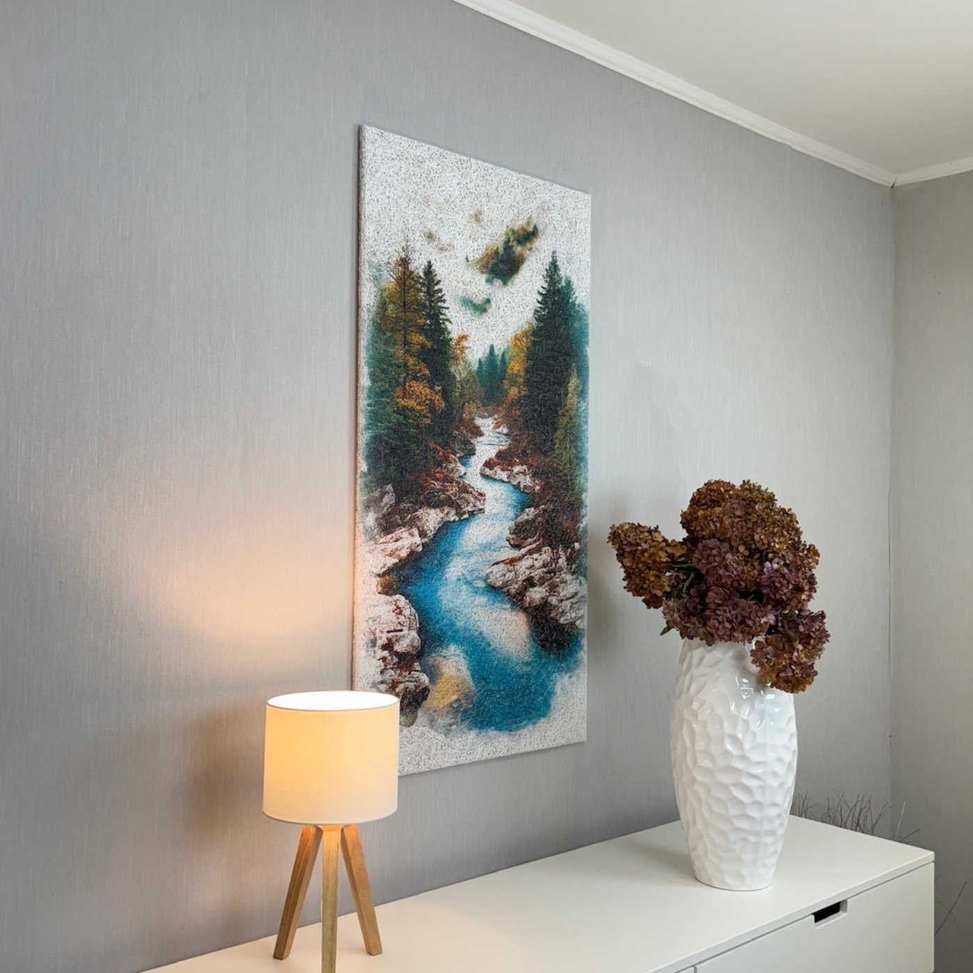 Alternate side view of the Autumn River Acoustic Wood Wool Panel by WAMA, featuring its unique AI-designed autumn river landscape and durable craftsmanship.