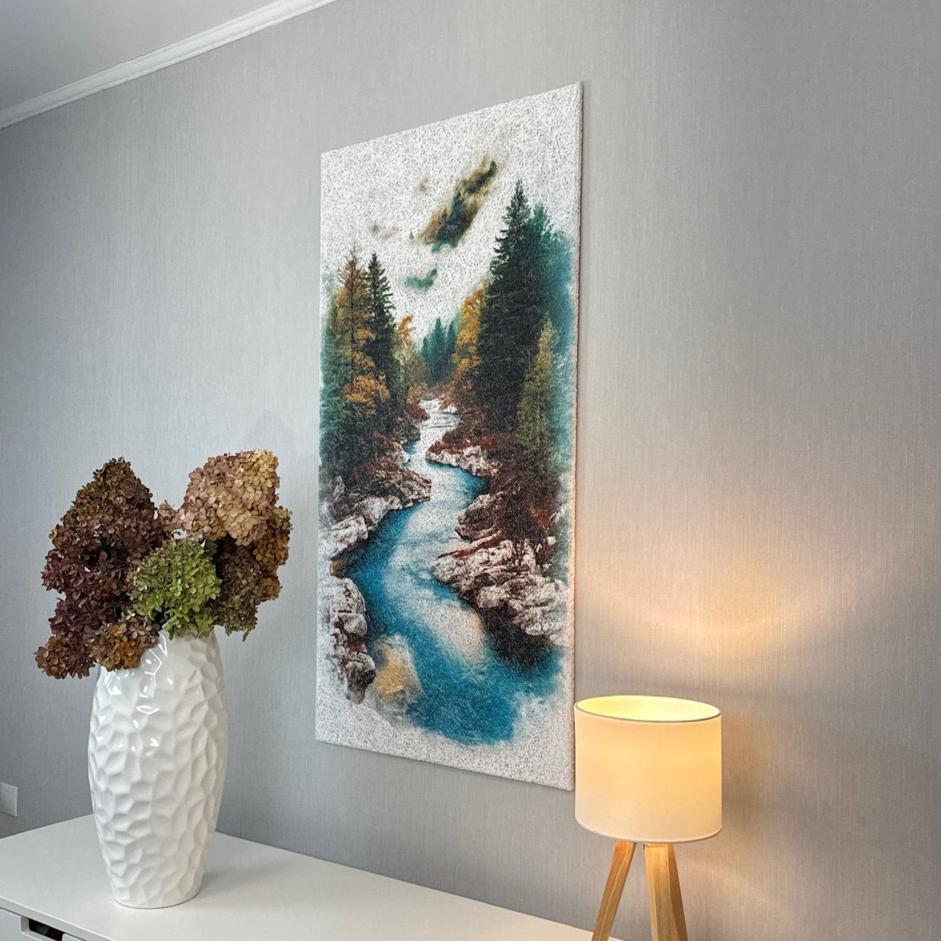 Side-angle view of the Autumn River Acoustic Wood Wool Panel by WAMA, highlighting its eco-friendly materials and detailed AI-generated artwork.