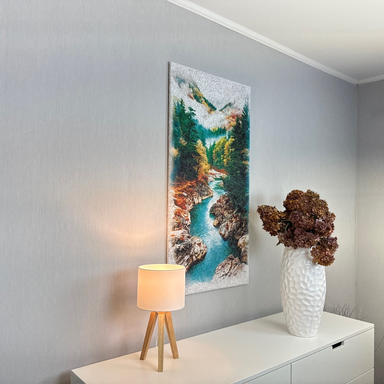Alternate side view of the Autumn Canyon Acoustic Wood Wool Panel by WAMA, highlighting its intricate autumnal design and premium eco-friendly craftsmanship for sound absorption and decor.