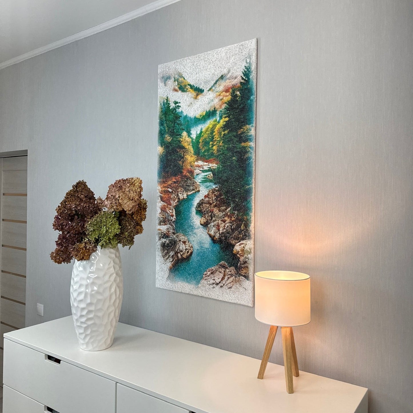 Side-angle view of the Autumn Canyon Acoustic Wood Wool Panel by WAMA, showcasing its vibrant autumnal design, eco-friendly materials, and sleek finish for modern interiors.