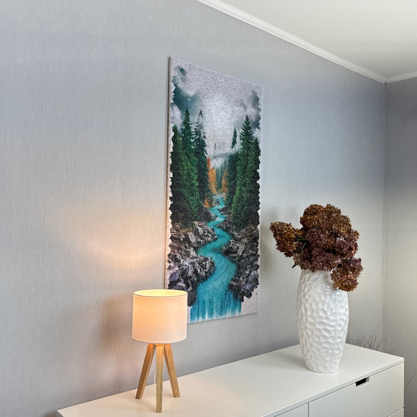 Alternate side view of the Autumn Canyon Stream Acoustic Wood Wool Panel by WAMA, showcasing its intricate autumn design and durable, eco-friendly material.