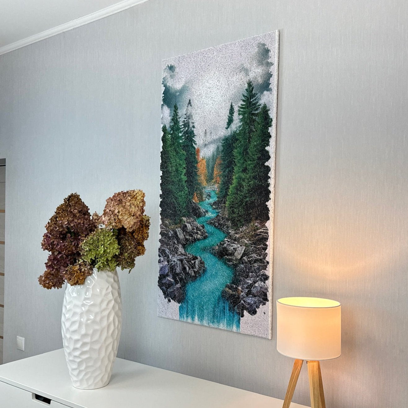 Side-angle view of the Autumn Canyon Stream Acoustic Wood Wool Panel by WAMA, highlighting its sleek finish and eco-friendly craftsmanship