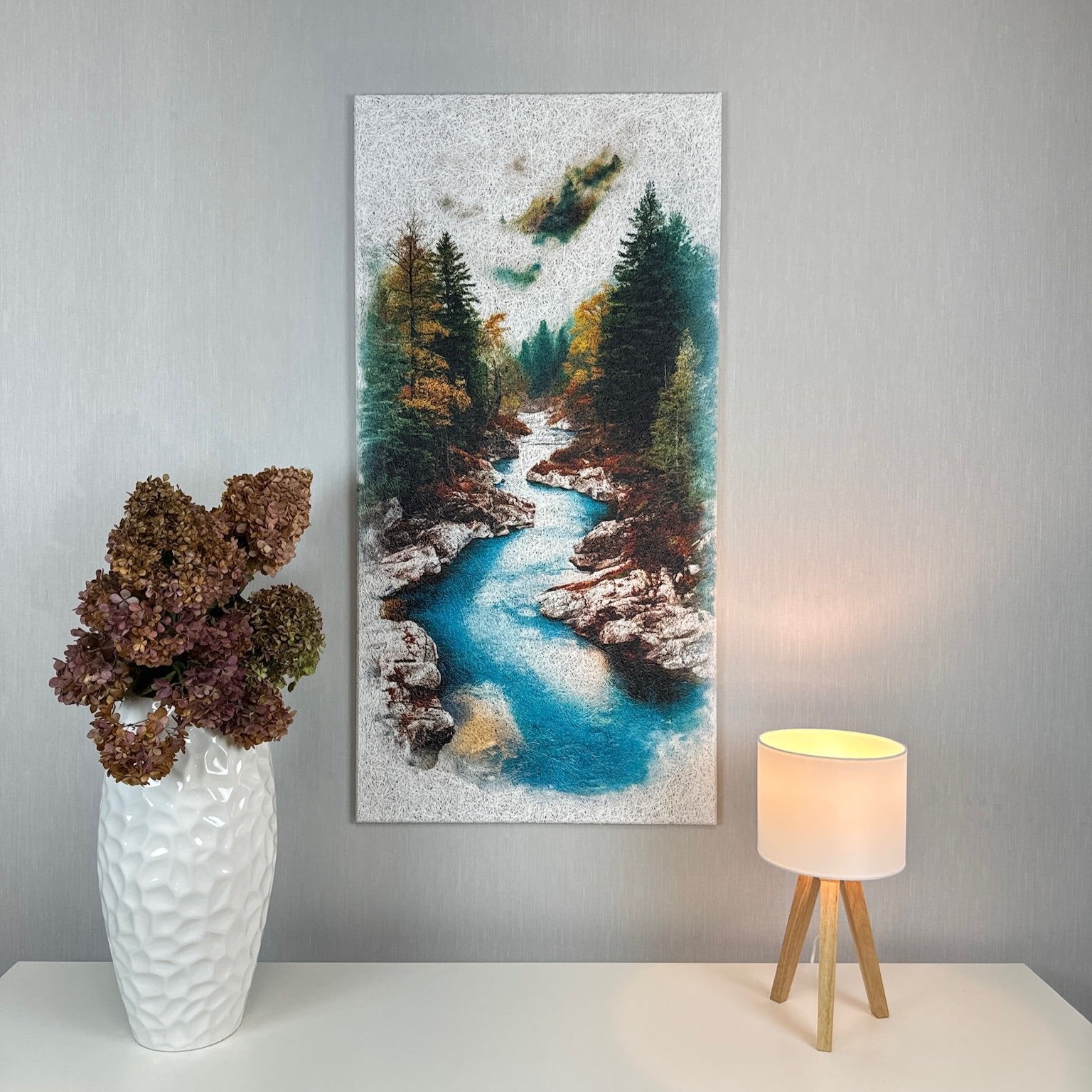 Front view of the Autumn River Acoustic Wood Wool Panel by WAMA, showcasing an AI-generated tranquil river design surrounded by autumn colors