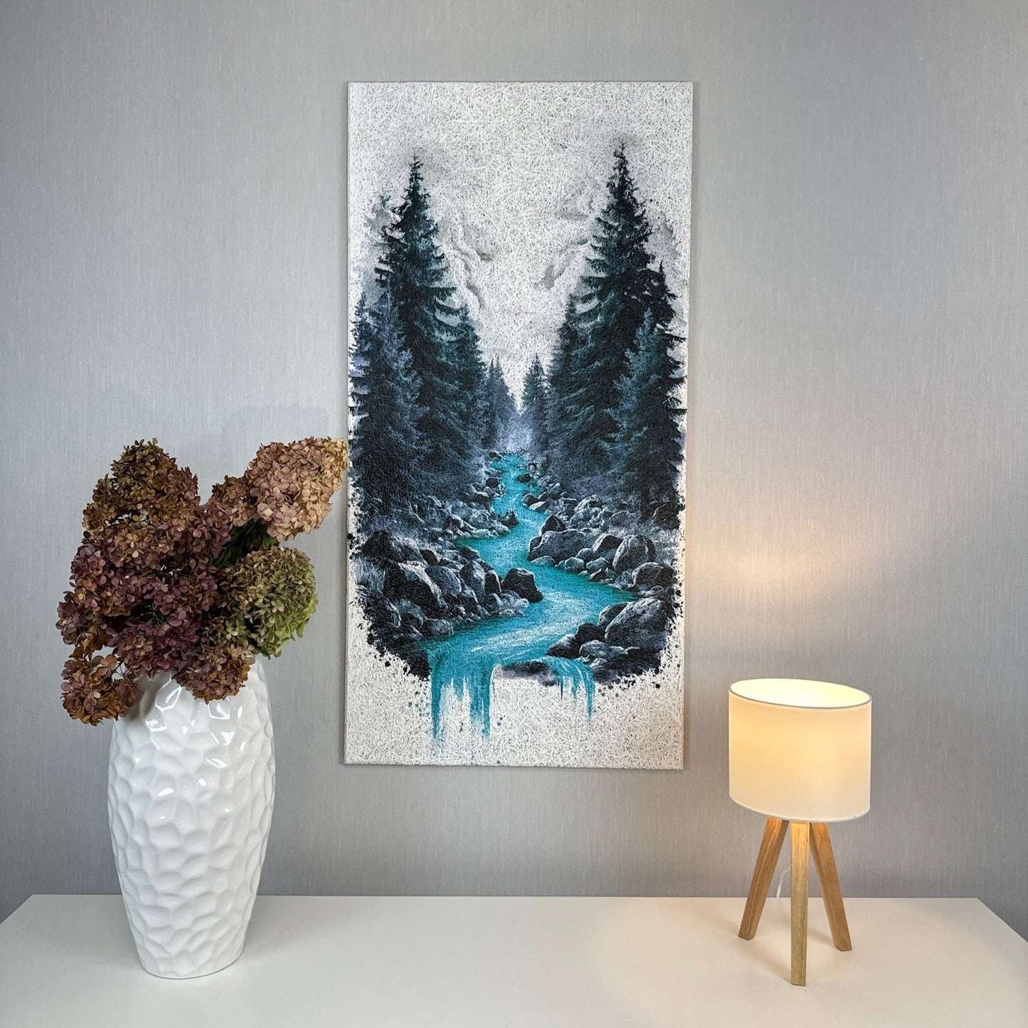 Front view of the Forest Stream Acoustic Wood Wool Panel by WAMA, featuring an AI-generated serene forest stream design for sound absorption and modern decor