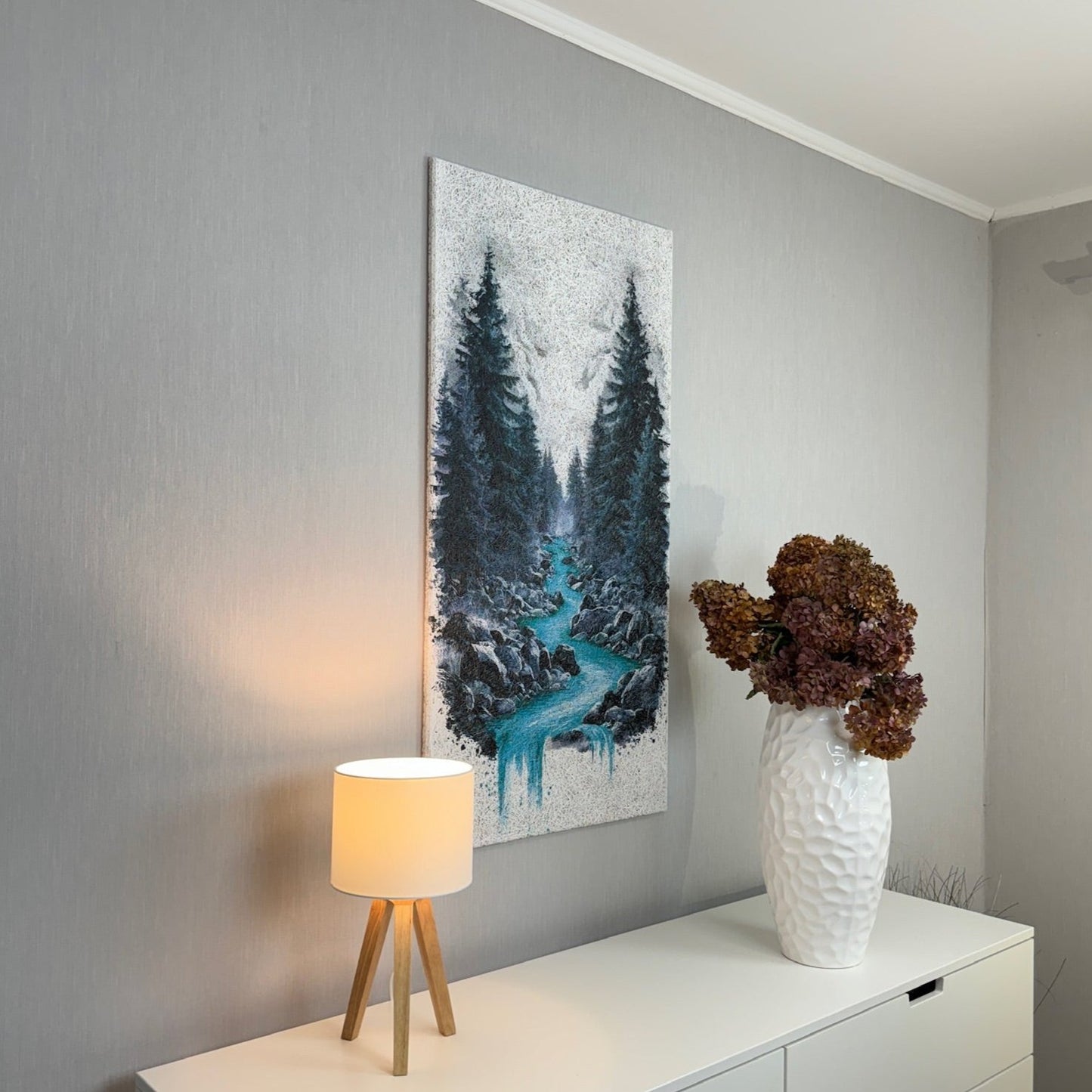 Alternate side view of the Forest Stream Acoustic Wood Wool Panel by WAMA, showcasing its eco-friendly material and intricate AI-designed forest stream print.