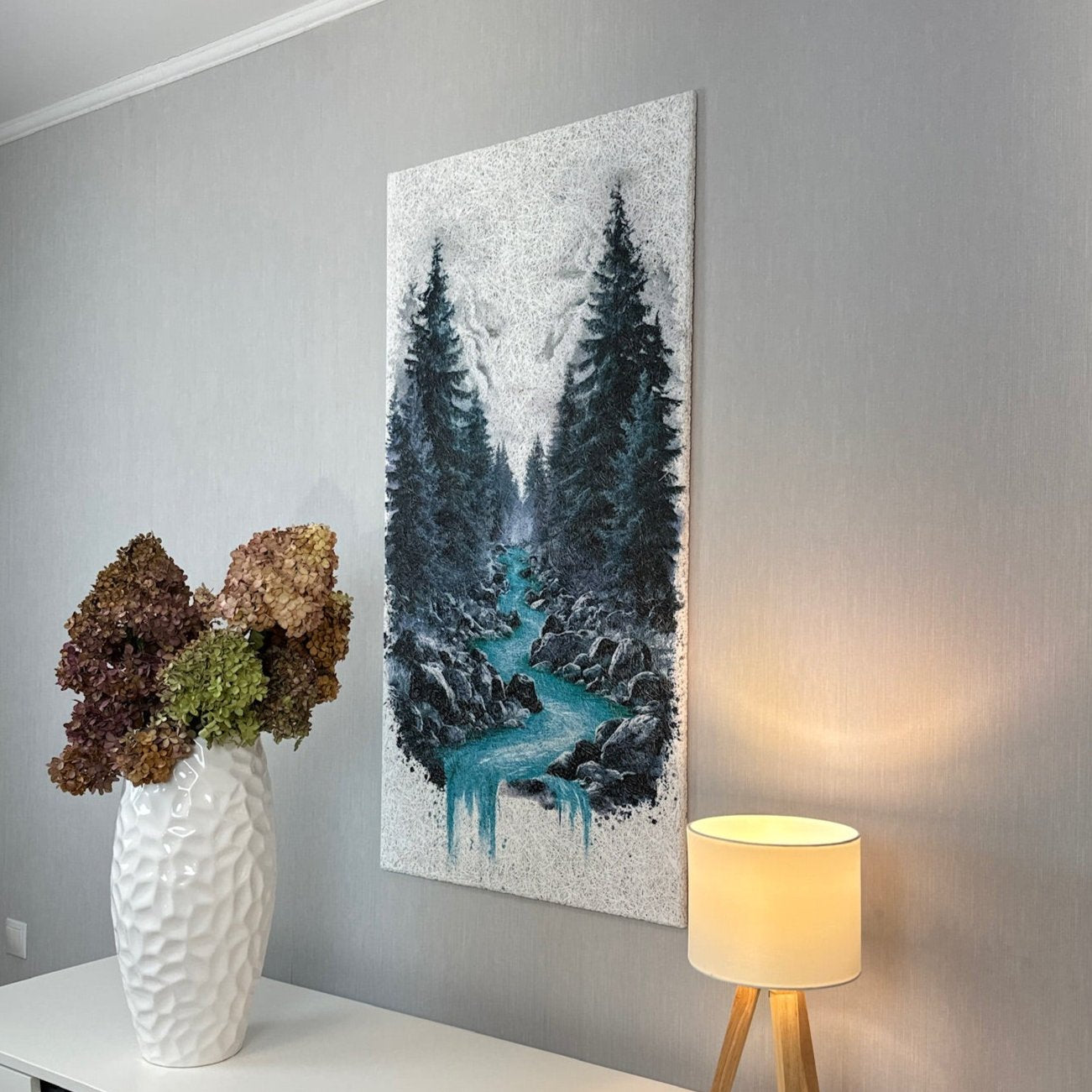 Side-angle view of the Forest Stream Acoustic Wood Wool Panel by WAMA, highlighting its sleek finish and AI-generated forest stream artwork